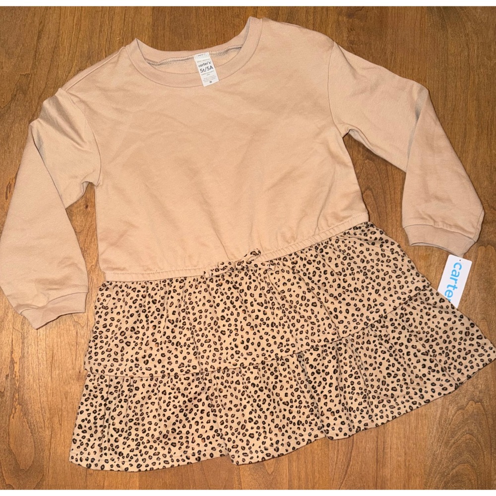Carters Girls 5T Leopard Print Tiered Sweatshirt Dress Tan Long Sleeve NWT